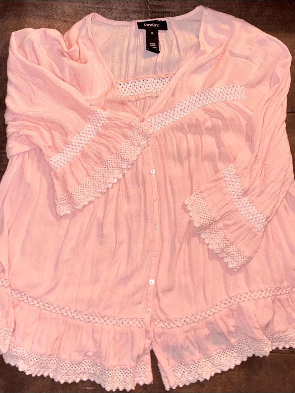 Karen Kane Light Pink Crochet-Trim Button Front Blouse.